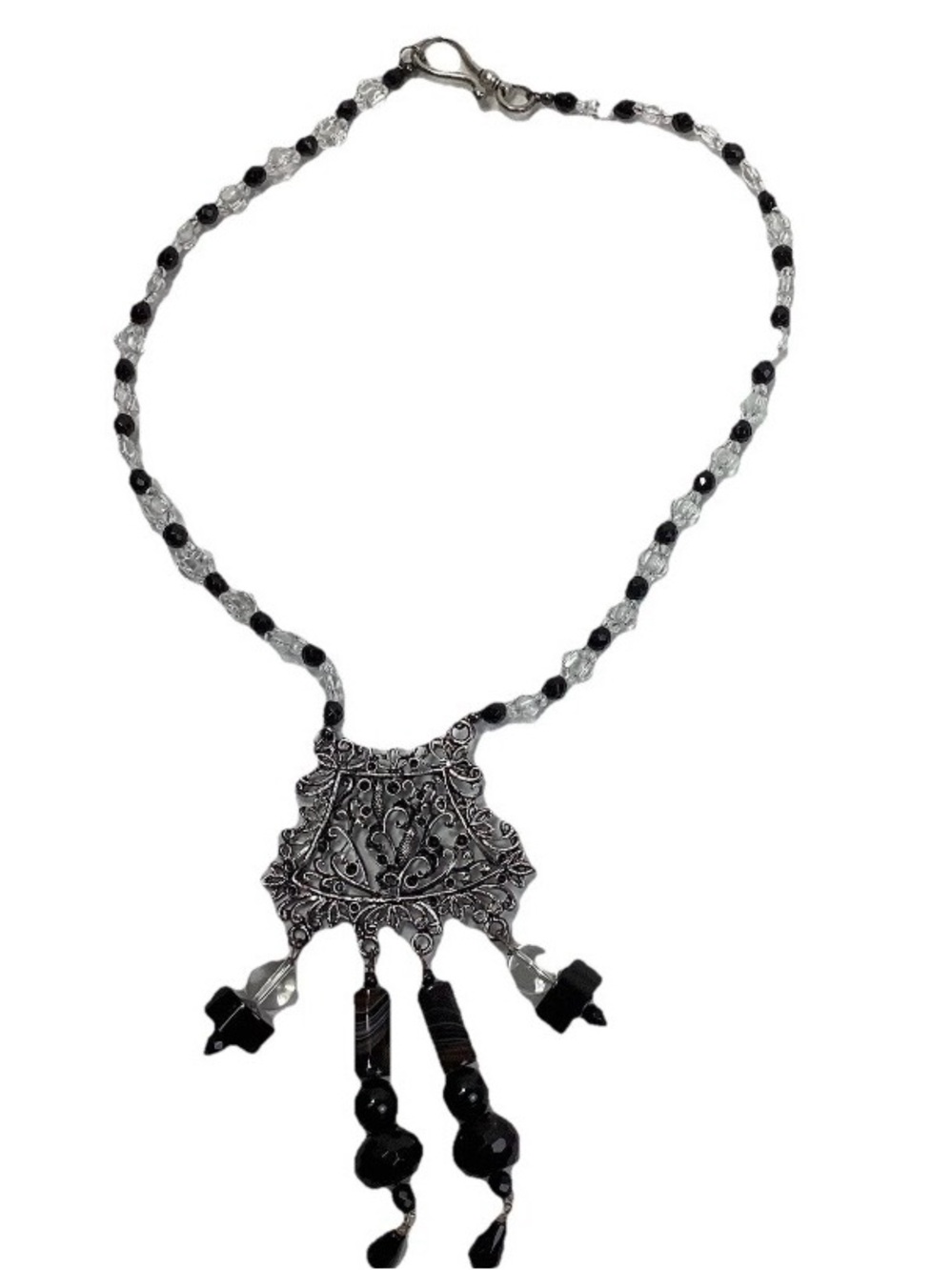 Intricate Black and Silver Filigree Pendant Necklace - Women Jewelry